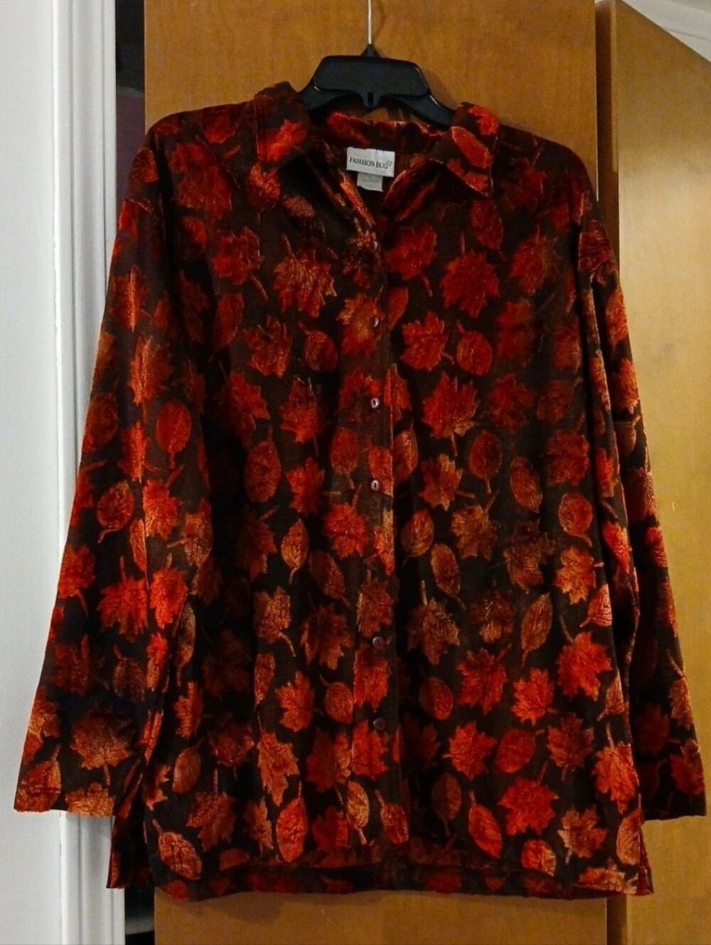 Vintage Y2K Fairycore Cottagecore Red & Burnt Orange Leaf Print Velvet Shirt L
